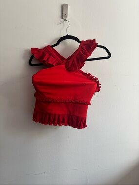 Antonio berardi Red ruffle crop top with ruffled neckline and hem